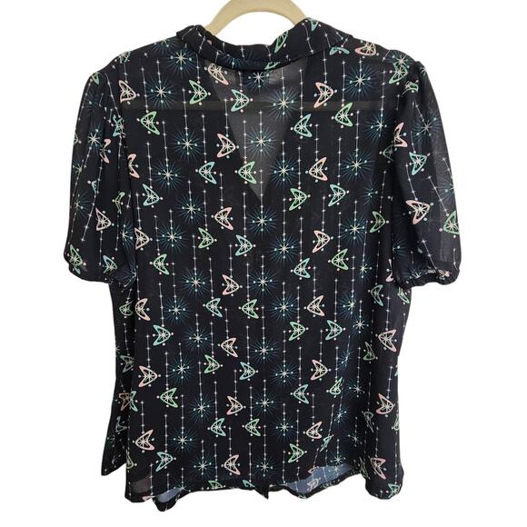 Unique Vintage Top Button Front Blouse Women 2X/18 Black Atomic Print Sheer Top - Picture 7 of 7